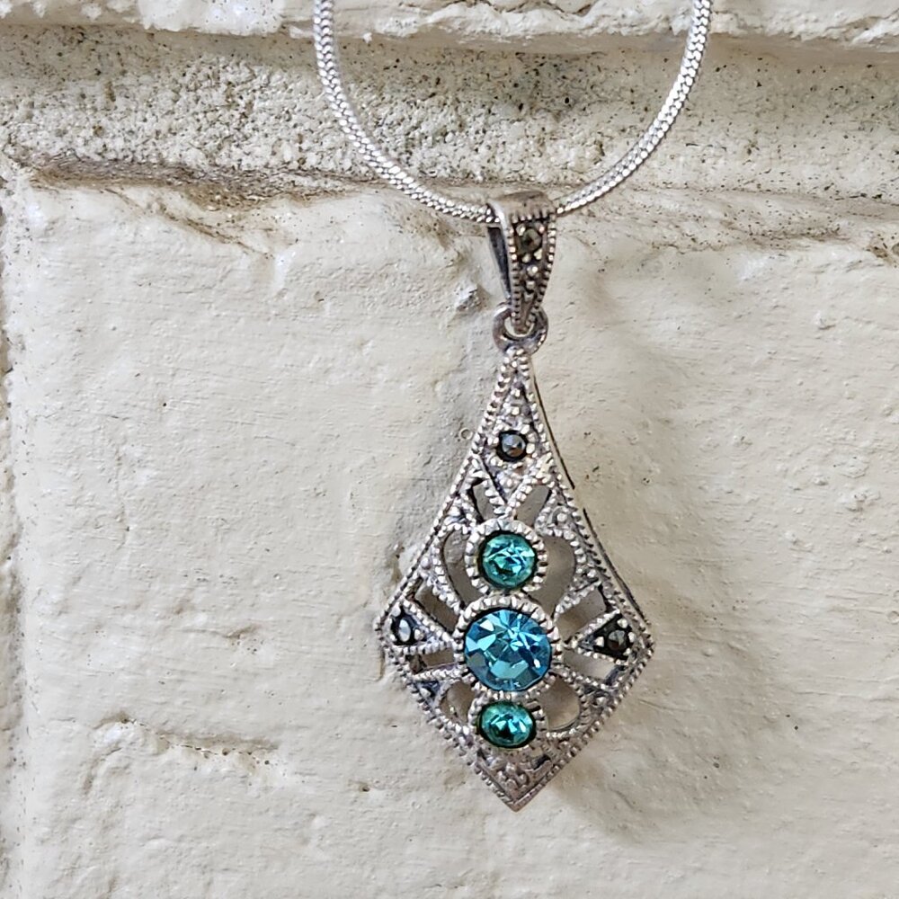 Vintage Womens Estate Tourmaline/Indicolite Stone 925 Sterling Silver 16"